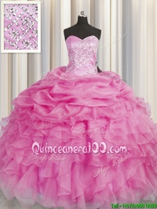 Beautiful Rose Pink Sleeveless Organza Lace Up Quinceanera Dresses forMilitary Ball and Sweet 16 and Quinceanera