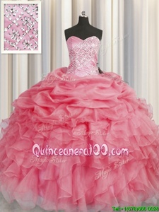 Sumptuous Coral Red Ball Gowns Organza Sweetheart Sleeveless Beading and Ruffles Floor Length Lace Up 15th Birthday Dress
