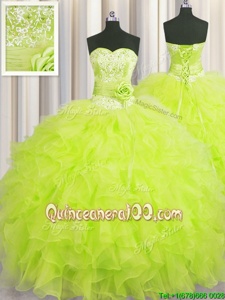 Fine Handcrafted Flower Yellow Green Sweetheart Lace Up Beading and Ruffles and Hand Made Flower Quinceanera Dress Sleeveless