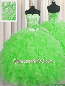 Beauteous Handcrafted Flower Floor Length Lace Up Sweet 16 Quinceanera Dress Green and In withBeading and Ruffles and Hand Made Flower