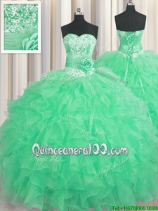 Excellent Handcrafted Flower Floor Length Apple Green Ball Gown Prom Dress Organza Sleeveless Spring and Summer and Fall and Winter Beading and Ruffles and Hand Made Flower