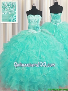 Custom Fit Handcrafted Flower Sleeveless Beading and Ruffles and Hand Made Flower Lace Up 15th Birthday Dress