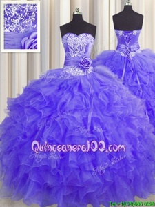 Popular Handcrafted Flower Organza Sweetheart Sleeveless Lace Up Beading and Ruffles and Hand Made Flower 15 Quinceanera Dress inLavender