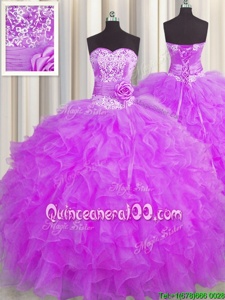 Customized Handcrafted Flower Purple Organza Lace Up Quinceanera Gowns Sleeveless Floor Length Beading and Ruffles and Hand Made Flower