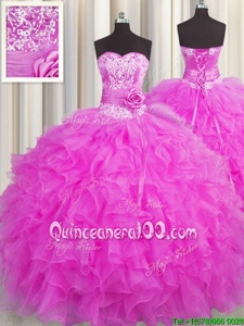 Handcrafted Flower Beading and Ruffles and Hand Made Flower Sweet 16 Quinceanera Dress Fuchsia Lace Up Sleeveless Floor Length