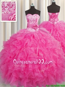 Edgy Handcrafted Flower Hot Pink Sleeveless Beading and Ruffles Floor Length Quinceanera Gowns