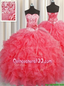 Modern Handcrafted Flower Coral Red Lace Up Quinceanera Gowns Ruffles and Hand Made Flower Sleeveless Floor Length