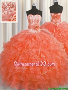 Stylish Handcrafted Flower Orange Red Lace Up Sweetheart Beading and Ruffles and Hand Made Flower Quinceanera Gowns Organza Sleeveless