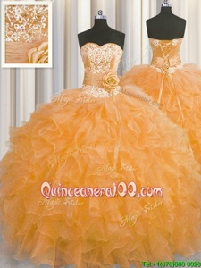 High End Handcrafted Flower Floor Length Ball Gowns Sleeveless Orange Quinceanera Dresses Lace Up
