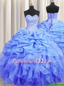 Fancy Lavender Lace Up Ball Gown Prom Dress Beading and Ruffles and Pick Ups Sleeveless Floor Length