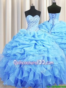 Designer Baby Blue Backless Sweetheart Beading and Ruffles and Pick Ups Quinceanera Dress Organza Sleeveless