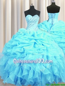 Sexy Aqua Blue Sweetheart Lace Up Beading and Ruffles and Pick Ups Vestidos de Quinceanera Sleeveless