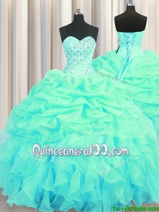Low Price Beading and Ruffles and Pick Ups Sweet 16 Quinceanera Dress Turquoise Lace Up Sleeveless Floor Length
