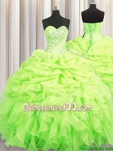 Excellent Yellow Green Ball Gowns Organza Sweetheart Sleeveless Beading and Ruffles and Pick Ups Floor Length Lace Up Quinceanera Gown