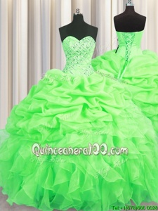 Sexy Organza Sweetheart Sleeveless Lace Up Beading and Ruffles and Pick Ups Quinceanera Dress inSpring Green