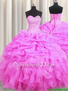 Inexpensive Pick Ups Rose Pink Sleeveless Organza Lace Up Ball Gown Prom Dress forMilitary Ball and Sweet 16 and Quinceanera