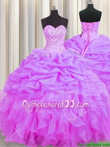 Fashionable Lilac Lace Up 15 Quinceanera Dress Beading and Ruffles and Pick Ups Sleeveless Floor Length