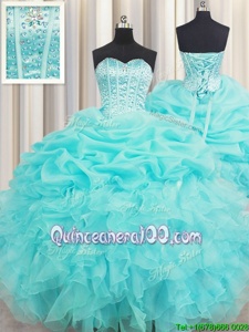 Lovely Visible Boning Sleeveless Floor Length Beading and Ruffles and Pick Ups Lace Up Quinceanera Dresses with Baby Blue