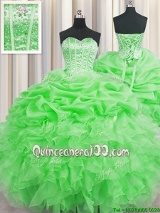 Colorful Visible Boning Sleeveless Organza Floor Length Lace Up Ball Gown Prom Dress inGreen forSpring and Summer and Fall and Winter withBeading and Ruffles and Pick Ups