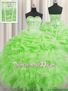 High Quality Visible Boning Spring Green Sleeveless Beading and Ruffles and Pick Ups Floor Length Quinceanera Dresses