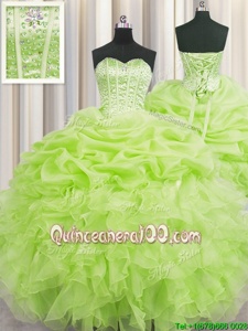Visible Boning Floor Length Lace Up Quince Ball Gowns Yellow Green and In forMilitary Ball and Sweet 16 and Quinceanera withBeading and Ruffles and Pick Ups