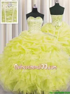 Customized Visible Boning Yellow Sweetheart Neckline Beading and Ruffles and Pick Ups 15 Quinceanera Dress Sleeveless Lace Up