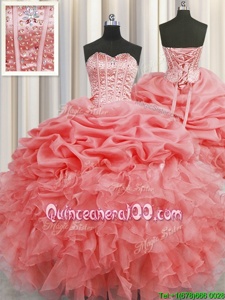 Free and Easy Visible Boning Sleeveless Floor Length Beading and Ruffles and Pick Ups Lace Up 15 Quinceanera Dress with Watermelon Red