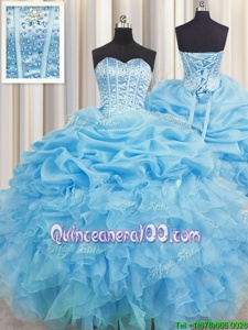 Custom Made Visible Boning Baby Blue Organza Lace Up Sweet 16 Quinceanera Dress Sleeveless Floor Length Beading and Ruffles and Pick Ups