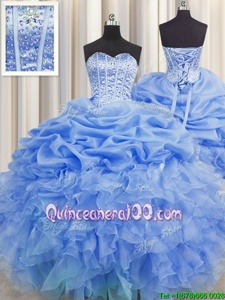 Dynamic Pick Ups Visible Boning Sweetheart Sleeveless Lace Up 15 Quinceanera Dress Blue Organza