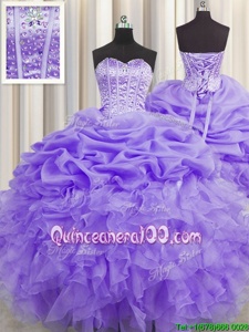 Custom Fit Pick Ups Visible Boning Floor Length Lavender 15 Quinceanera Dress Sweetheart Sleeveless Lace Up