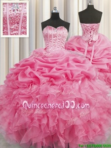 Chic Pick Ups Visible Boning Floor Length Ball Gowns Sleeveless Rose Pink Quinceanera Gowns Lace Up