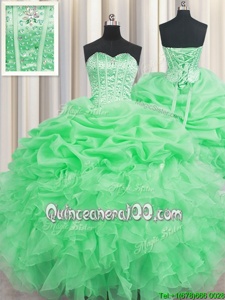 Sumptuous Visible Boning Spring Green Organza Lace Up Sweetheart Sleeveless Floor Length Quinceanera Dresses Beading and Ruffles and Pick Ups
