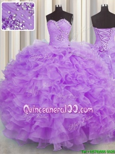 Exquisite Lavender Sweetheart Neckline Beading and Ruffles 15th Birthday Dress Sleeveless Lace Up