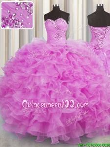 Elegant Lilac Organza Lace Up Quinceanera Gowns Sleeveless Floor Length Beading and Ruffles