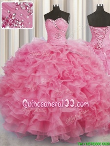 Pretty Sweetheart Sleeveless Quinceanera Dress Floor Length Beading and Ruffles Rose Pink Organza