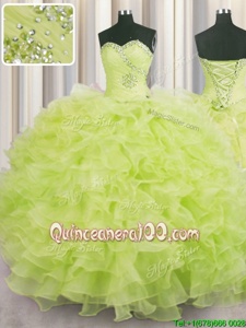 Modest Yellow Green Sleeveless Organza Lace Up Quinceanera Dress forMilitary Ball and Sweet 16 and Quinceanera
