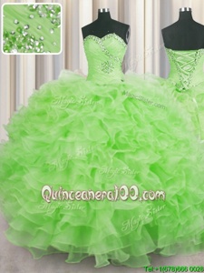 High Quality Yellow Green Sleeveless Floor Length Beading and Ruffles Lace Up Sweet 16 Dresses
