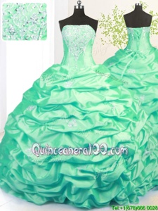 Inexpensive Sleeveless With Train Beading and Pick Ups Side Zipper Quinceanera Gown with Turquoise Sweep Train