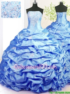 Admirable Baby Blue Sleeveless Sweep Train Beading and Pick Ups With Train Quince Ball Gowns