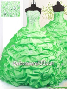 Glittering Spring Green Ball Gowns Taffeta Strapless Sleeveless Beading and Pick Ups Lace Up Quinceanera Gowns Sweep Train