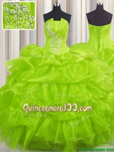 Trendy Yellow Green Organza Lace Up Sweet 16 Quinceanera Dress Sleeveless Floor Length Beading and Ruffles and Pick Ups