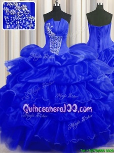 Vintage Royal Blue Ball Gowns Beading and Ruffles and Pick Ups Quinceanera Gowns Lace Up Organza Sleeveless Floor Length