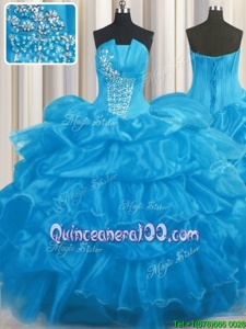 Delicate Pick Ups Ball Gowns Quinceanera Dresses Baby Blue Strapless Organza Sleeveless Floor Length Lace Up