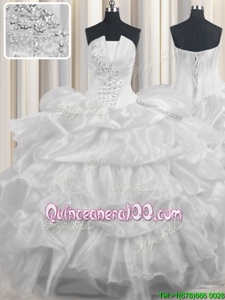 Custom Made Pick Ups Ruffled Floor Length White Quinceanera Dress Strapless Sleeveless Lace Up
