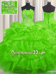 Enchanting Pick Ups Ruffled Ball Gowns Quince Ball Gowns Spring Green Strapless Organza Sleeveless Floor Length Lace Up