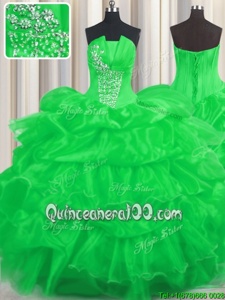 Glamorous Pick Ups Ruffled Floor Length Ball Gowns Sleeveless Green Quince Ball Gowns Lace Up