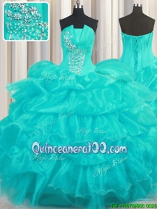 Sumptuous Aqua Blue Ball Gowns Strapless Sleeveless Organza Floor Length Lace Up Beading and Ruffled Layers and Pick Ups Sweet 16 Quinceanera Dress
