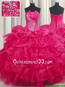 Shining Hot Pink Strapless Neckline Beading and Ruffled Layers and Pick Ups 15th Birthday Dress Sleeveless Lace Up