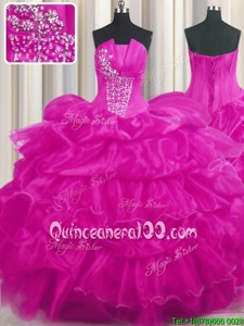 Pick Ups Ruffled Floor Length Ball Gowns Sleeveless Hot Pink and Fuchsia Quince Ball Gowns Lace Up