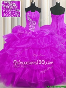Simple Strapless Sleeveless Organza Sweet 16 Dresses Beading and Ruffled Layers and Pick Ups Lace Up